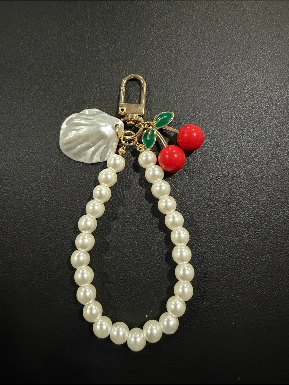 Pearl Beaded Wristlet Keychain with Red Cherry Charm